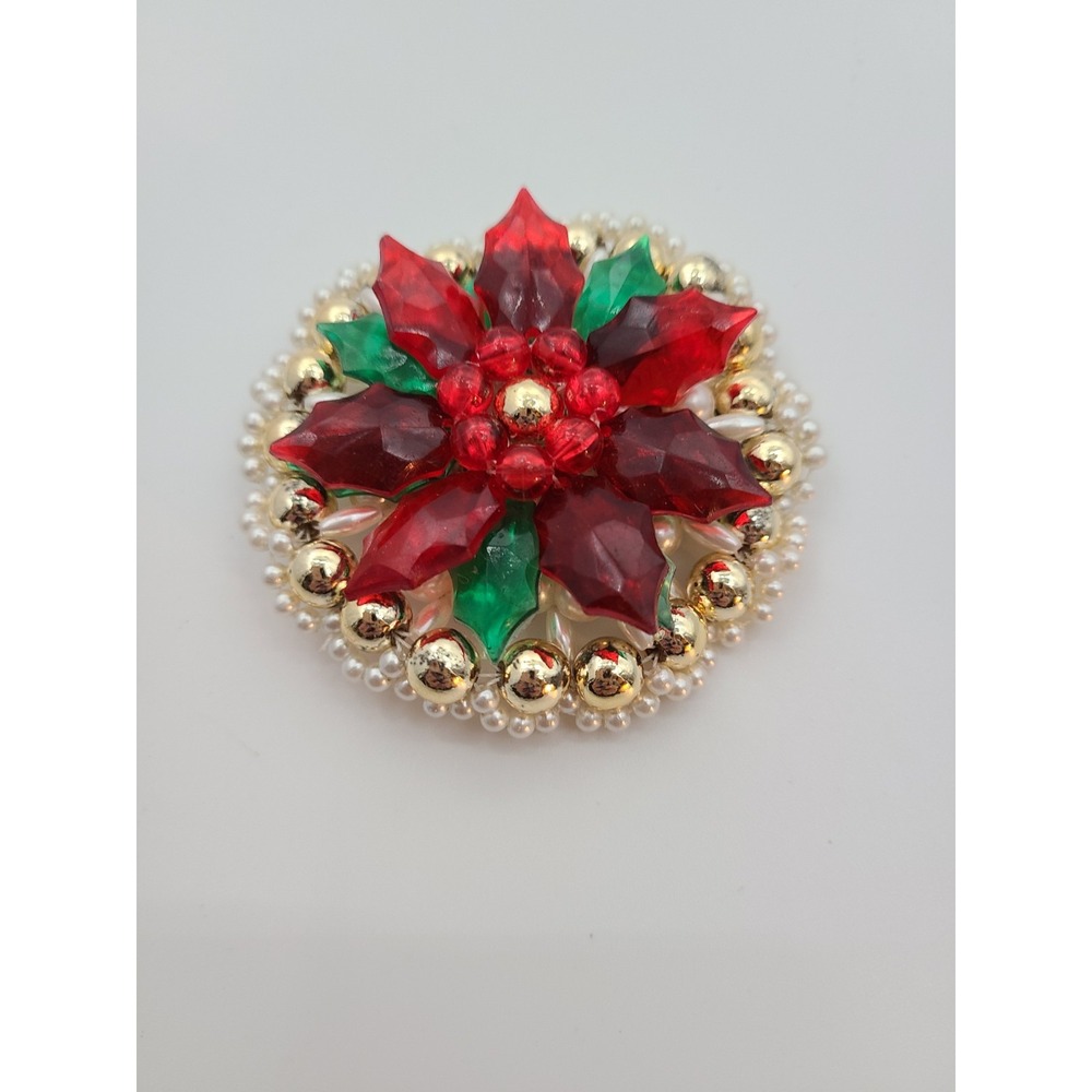 Vintqge Christmas poinsettia Beaded Brooch Pin